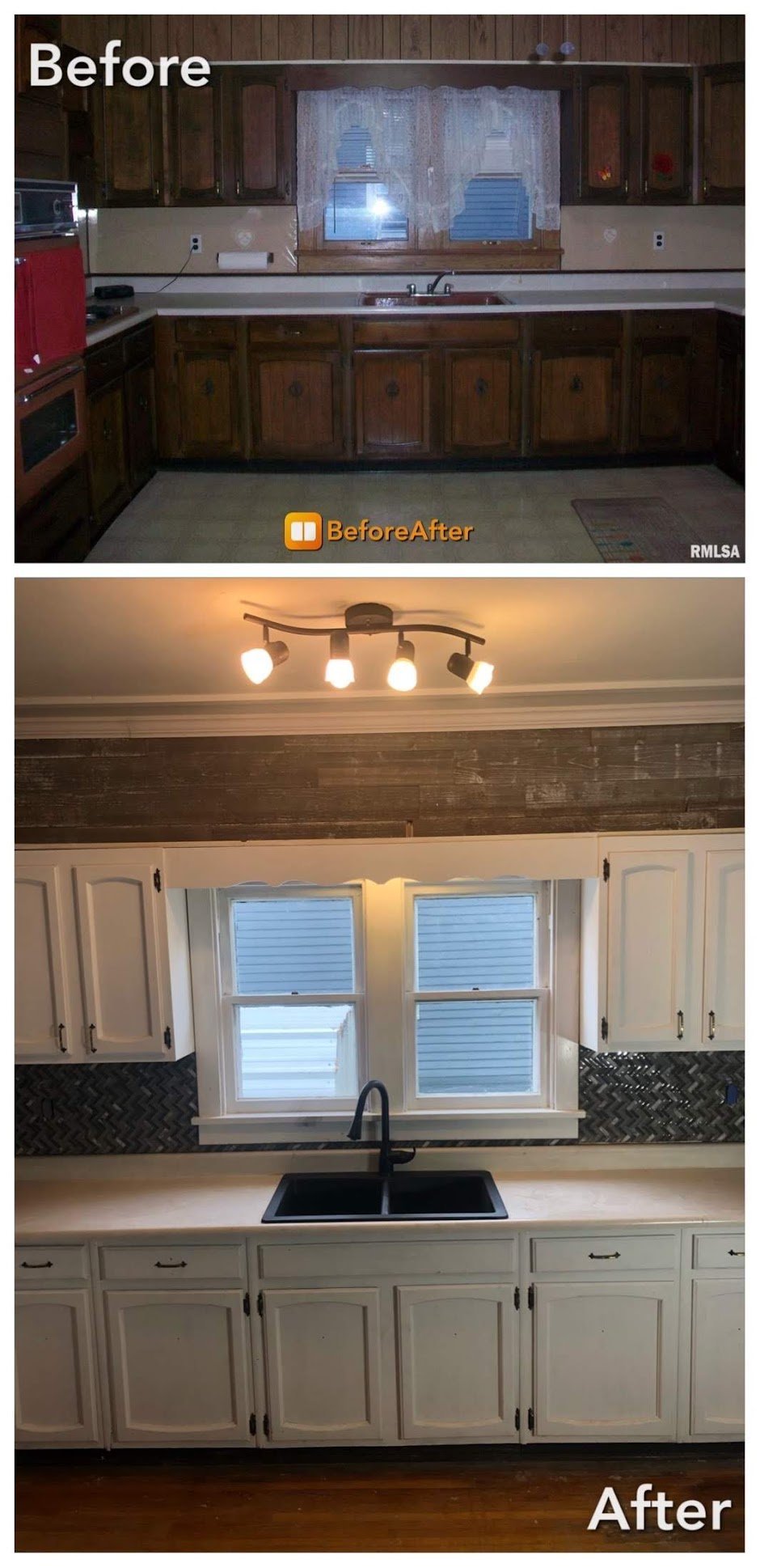 Before and after kitchen renovation showing dark cabinets changing to bright white cabinets with modern fixtures and lighting